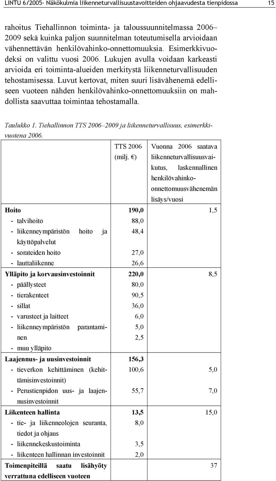 Lukujen avulla voidaan karkeasti arvioida eri toiminta-alueiden merkitystä liikenneturvallisuuden tehostamisessa.