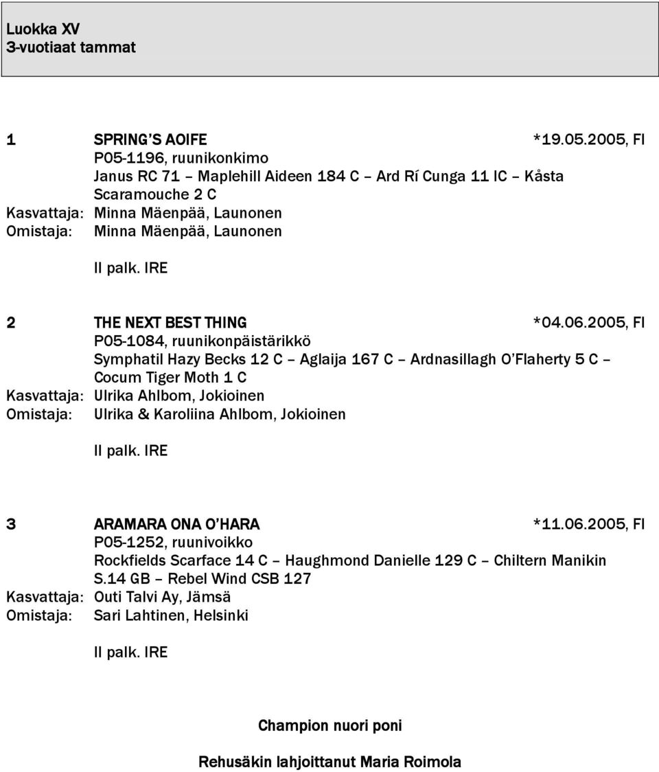 2005, FI P05-1084, ruunikonpäistärikkö Symphatil Hazy Becks 12 C Aglaija 167 C Ardnasillagh O Flaherty 5 C Cocum Tiger Moth 1 C Kasvattaja: Ulrika Ahlbom, Jokioinen Omistaja: Ulrika &