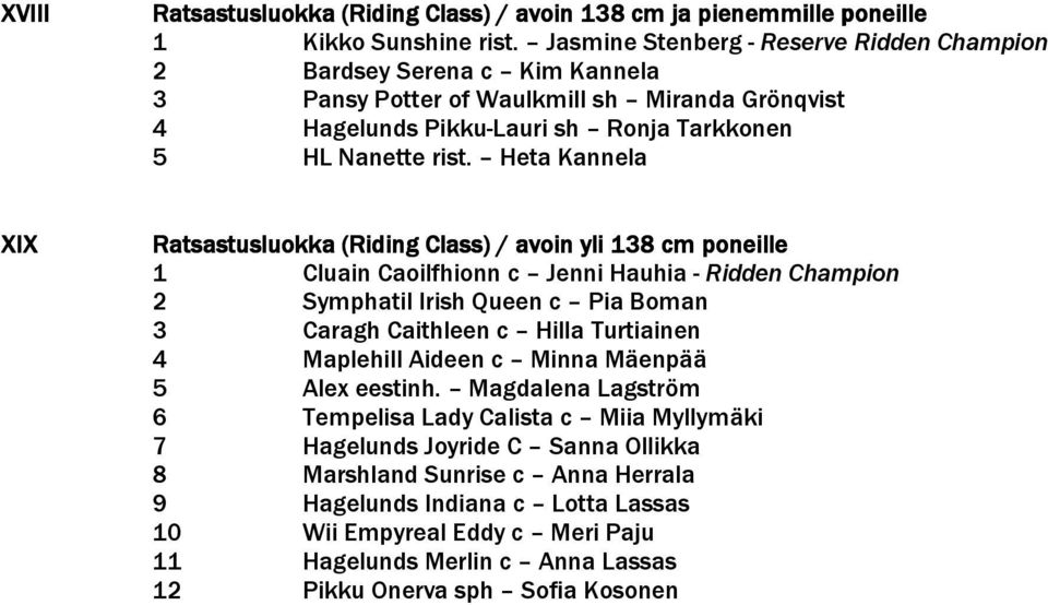 Heta Kannela XIX Ratsastusluokka (Riding Class) / avoin yli 138 cm poneille 1 Cluain Caoilfhionn c Jenni Hauhia - Ridden Champion 2 Symphatil Irish Queen c Pia Boman 3 Caragh Caithleen c Hilla
