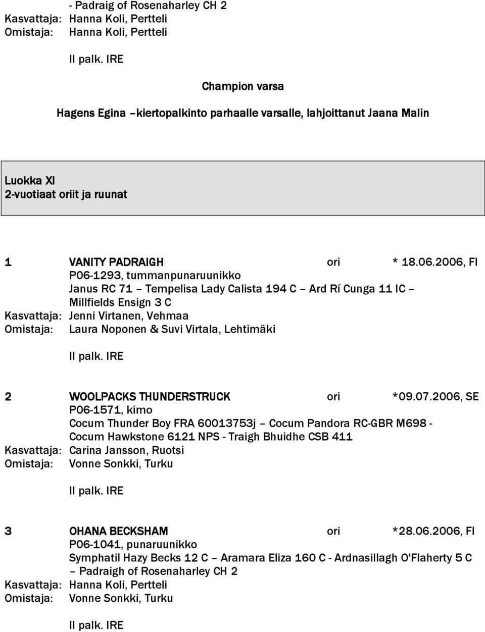 2006, FI P06-1293, tummanpunaruunikko Janus RC 71 Tempelisa Lady Calista 194 C Ard Rí Cunga 11 IC Millfields Ensign 3 C Kasvattaja: Jenni Virtanen, Vehmaa Omistaja: Laura Noponen & Suvi Virtala,