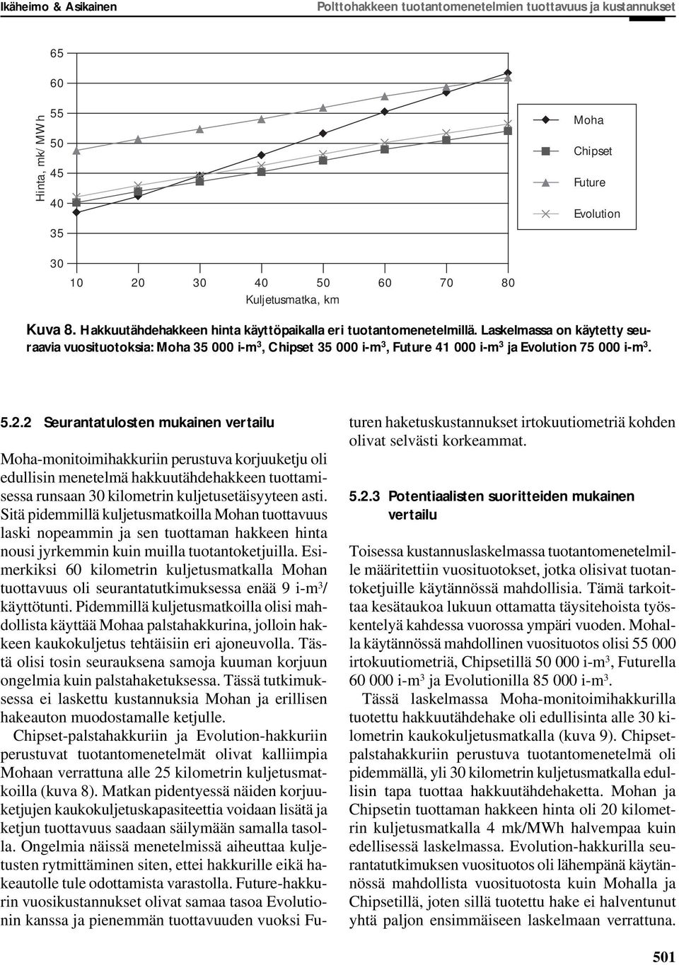 2 Seurantatulosten mukainen vertailu Moha-monitoimihakkuriin perustuva korjuuketju oli edullisin menetelmä hakkuutähdehakkeen tuottamisessa runsaan 30 kilometrin kuljetusetäisyyteen asti.