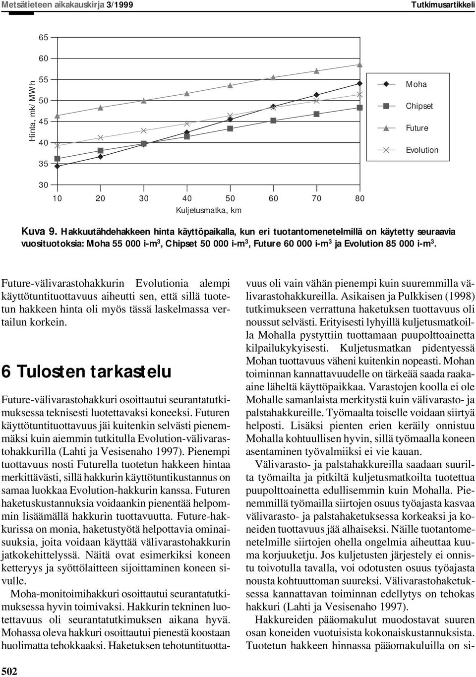 uture-välivarastohakkurin Evolutionia alempi käyttötuntituottavuus aiheutti sen, että sillä tuotetun hakkeen hinta oli myös tässä laskelmassa vertailun korkein.