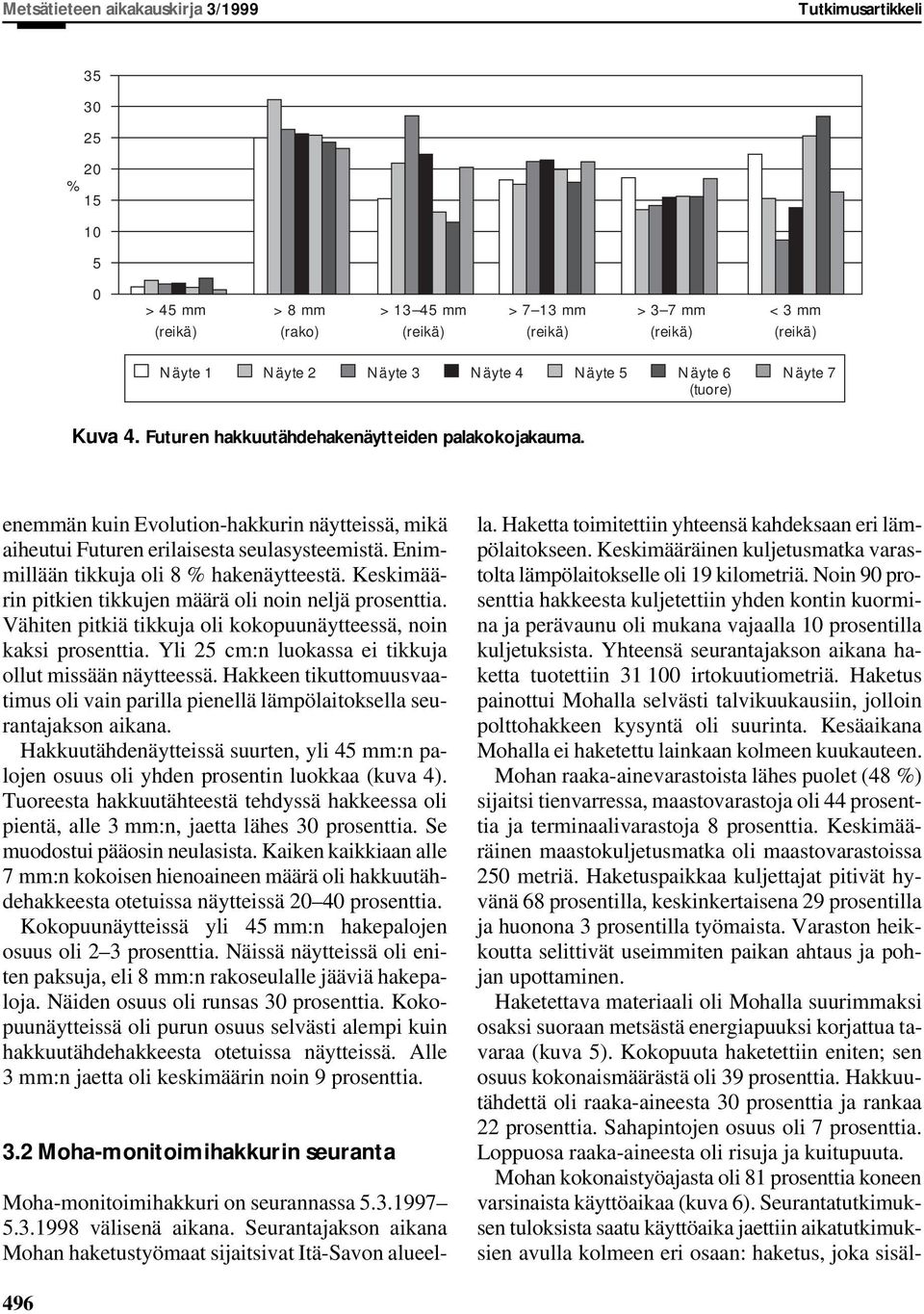 Enimmillään tikkuja oli 8 % hakenäytteestä. Keskimäärin pitkien tikkujen määrä oli noin neljä prosenttia. Vähiten pitkiä tikkuja oli kokopuunäytteessä, noin kaksi prosenttia.