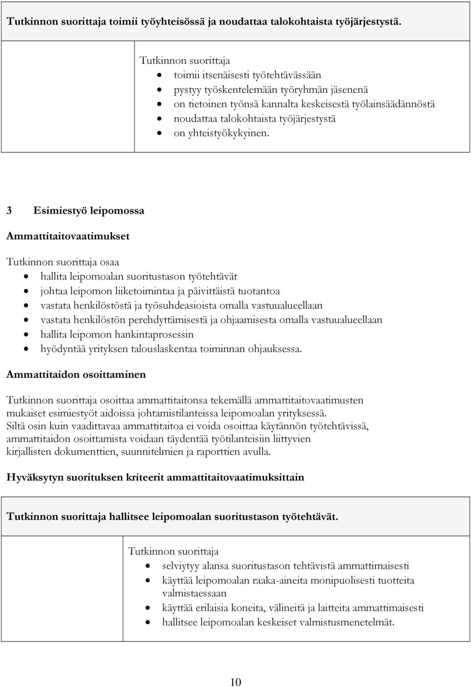 3 Esimiestyö leipomossa Ammattitaitovaatimukset osaa hallita leipomoalan suoritustason työtehtävät johtaa leipomon liiketoimintaa ja päivittäistä tuotantoa vastata henkilöstöstä ja työsuhdeasioista