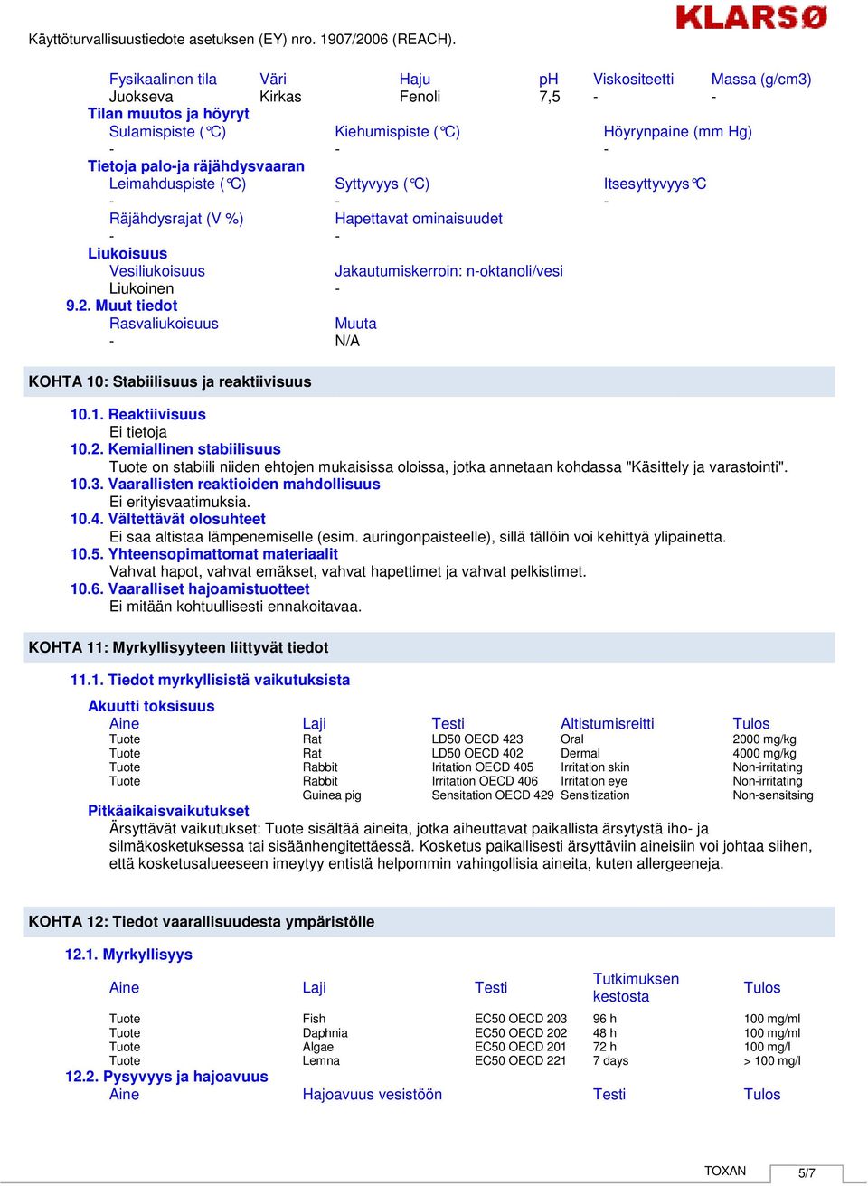 Muut tiedot Rasvaliukoisuus Muuta N/A KOHTA 10: Stabiilisuus ja reaktiivisuus 10.1. Reaktiivisuus 10.2.