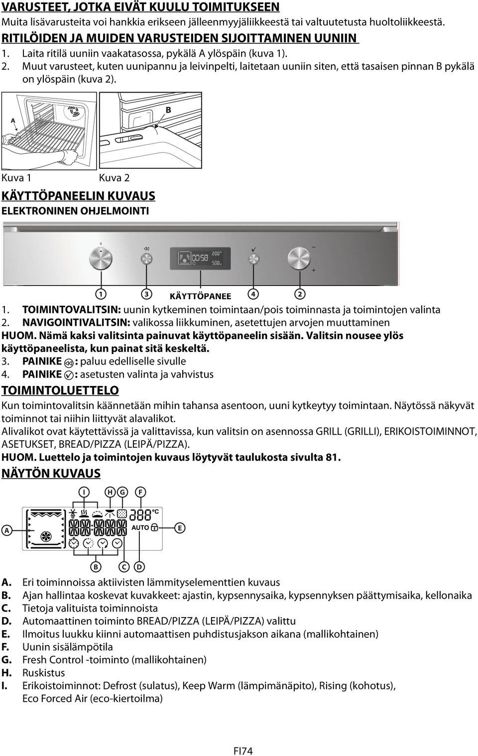 Kuva 1 Kuva 2 KÄYTTÖPANEELIN KUVAUS ELEKTRONINEN OHJELMOINTI 1. TOIMINTOVALITSIN: uunin kytkeminen toimintaan/pois toiminnasta ja toimintojen valinta 2.