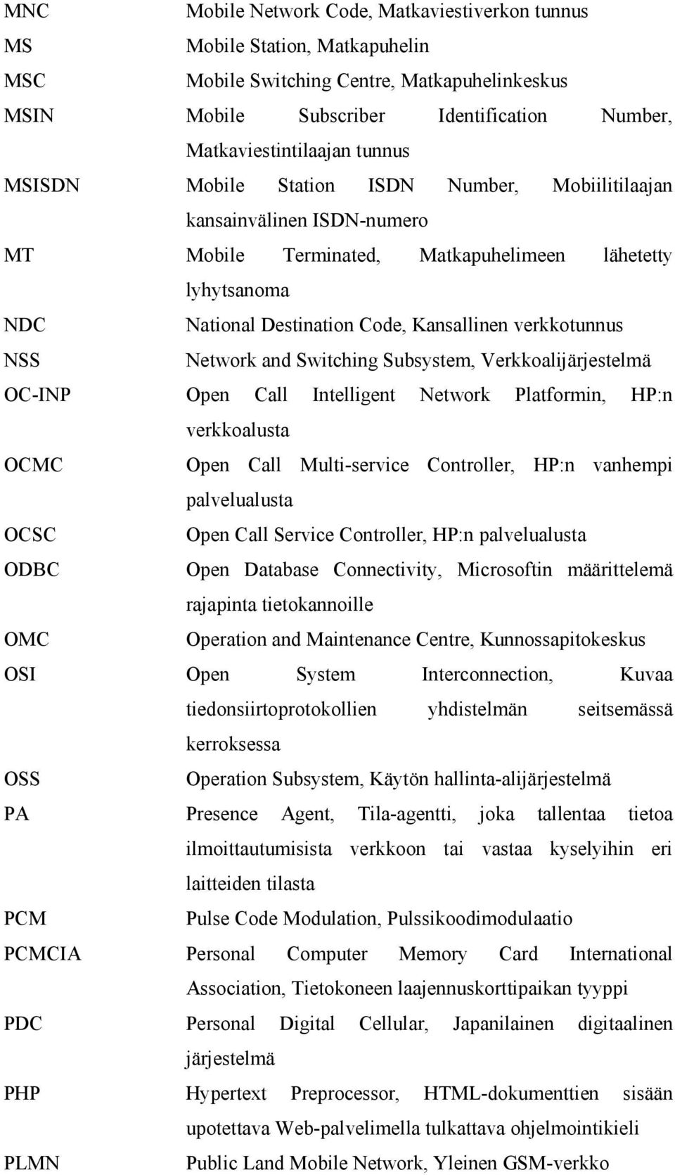 verkkotunnus NSS Network and Switching Subsystem, Verkkoalijärjestelmä OC-INP Open Call Intelligent Network Platformin, HP:n verkkoalusta OCMC Open Call Multi-service Controller, HP:n vanhempi