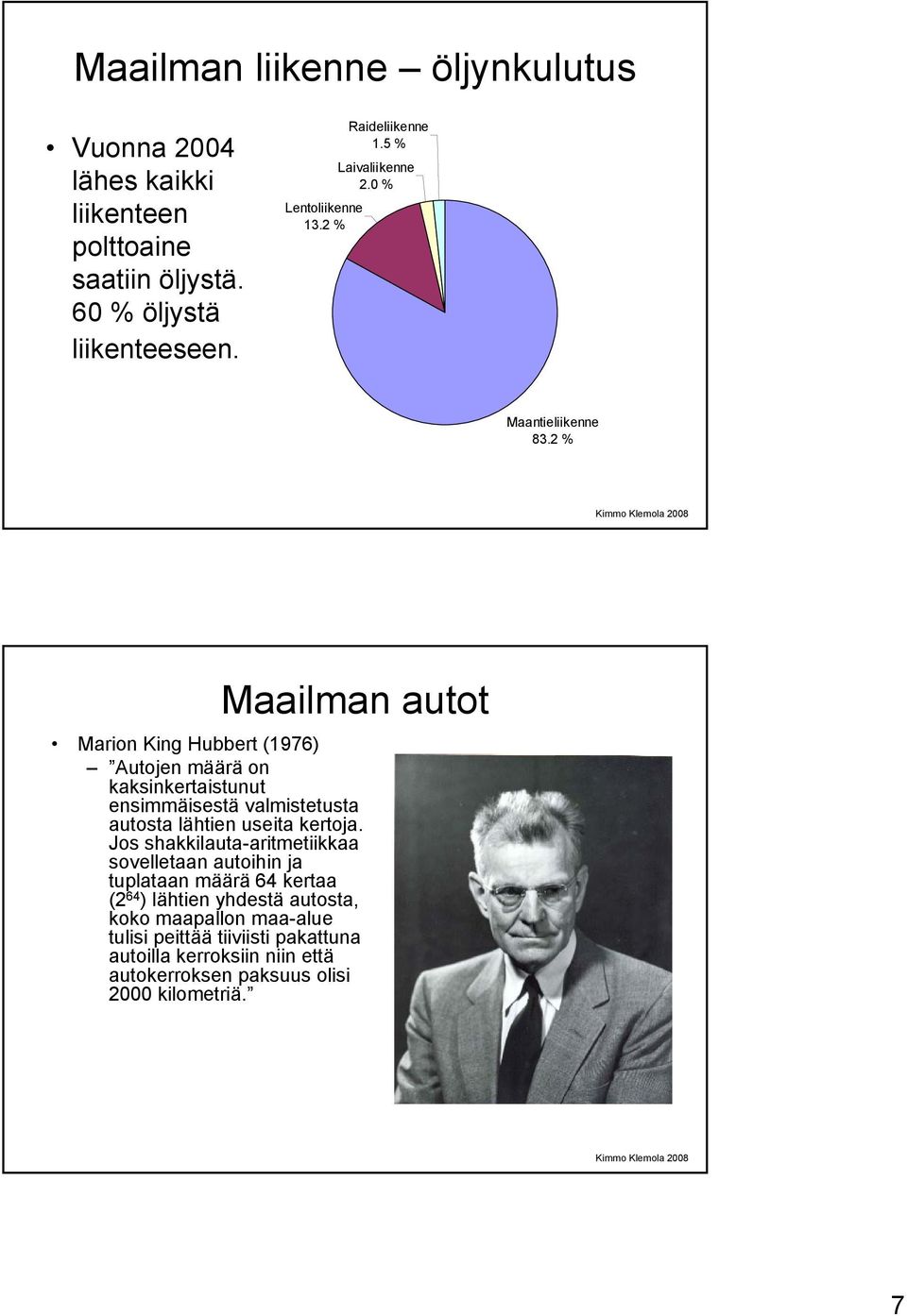 2 % Maailman autot Marion King Hubbert (1976) Autojen määrä on kaksinkertaistunut ensimmäisestä valmistetusta autosta lähtien useita kertoja.