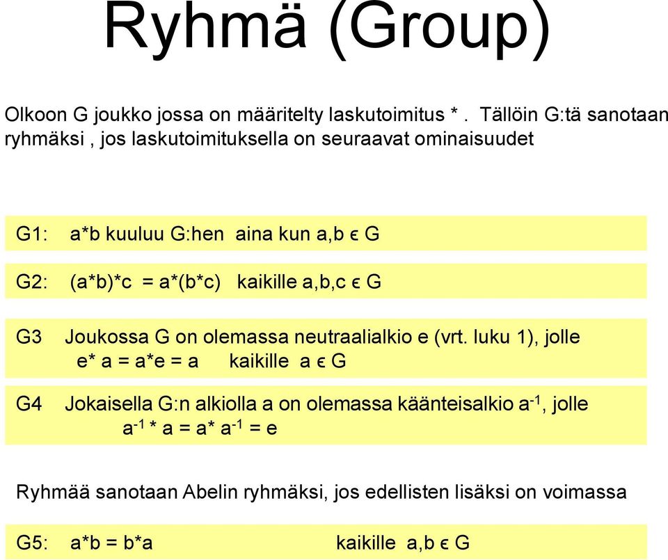 (a*b)*c = a*(b*c) kaikille a,b,c ϵ G G3 G4 Joukossa G on olemassa neutraalialkio e (vrt.