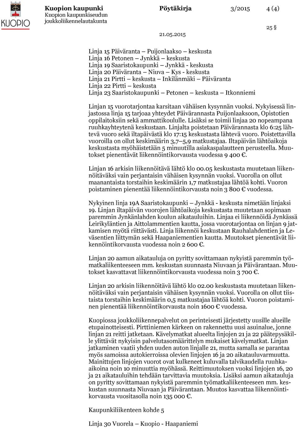 Nykyisessä linjastossa linja 15 tarjoaa yhteydet Päivärannasta Puijonlaaksoon, Opistotien oppilaitoksiin sekä ammattikoululle. Lisäksi se toimii linjaa 20 nopeampana ruuhkayhteytenä keskustaan.