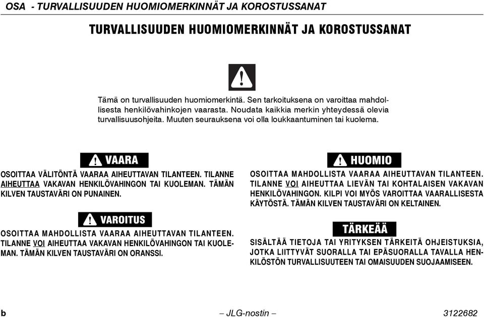 OSOITTAA VÄLITÖNTÄ VAARAA AIHEUTTAVAN TILANTEEN. TILANNE AIHEUTTAA VAKAVAN HENKILÖVAHINGON TAI KUOLEMAN. TÄMÄN KILVEN TAUSTAVÄRI ON PUNAINEN. OSOITTAA MAHDOLLISTA VAARAA AIHEUTTAVAN TILANTEEN.