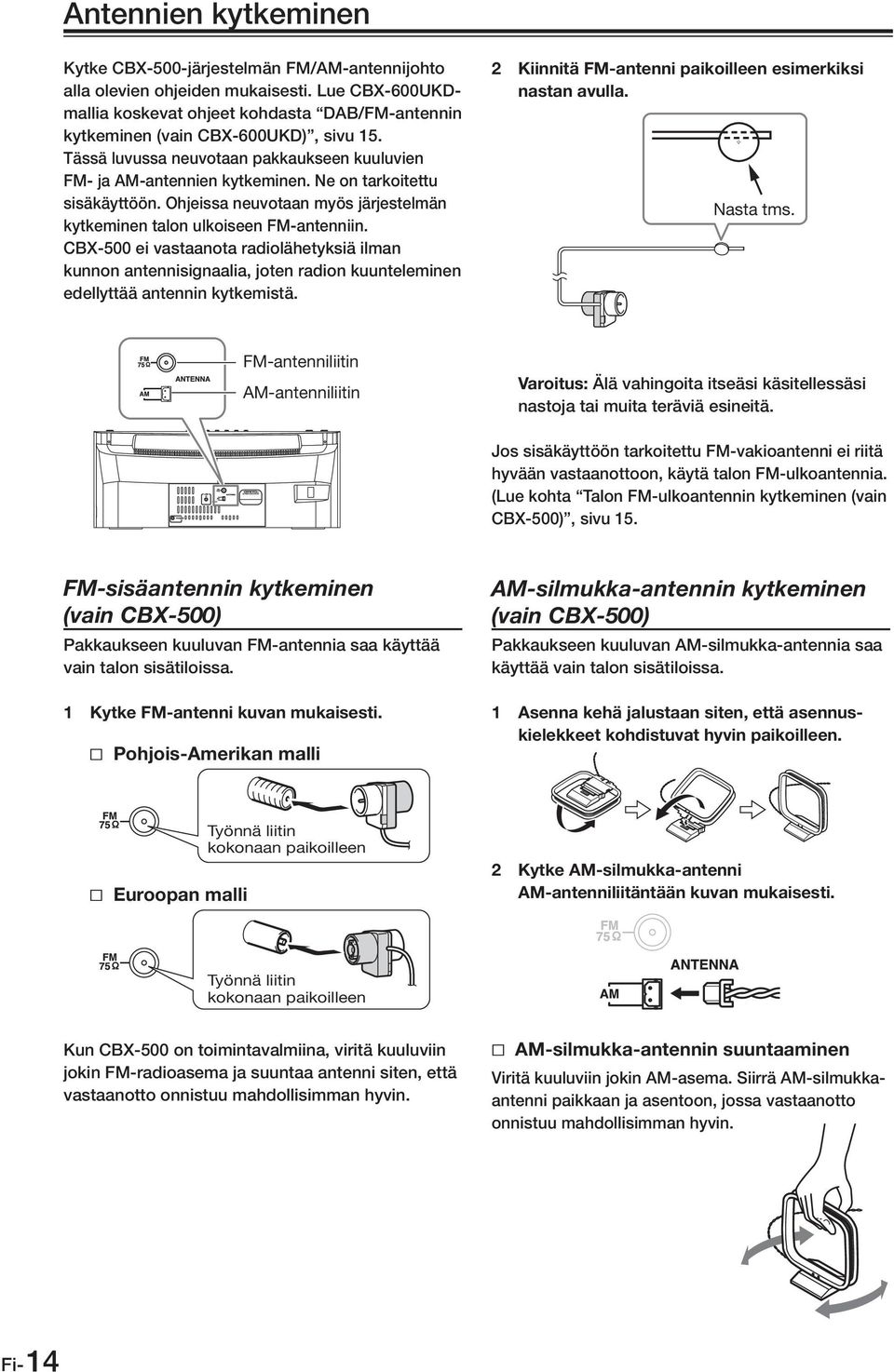 Ne on tarkoitettu sisäkäyttöön. Ohjeissa neuvotaan myös järjestelmän kytkeminen talon ulkoiseen FM-antenniin.