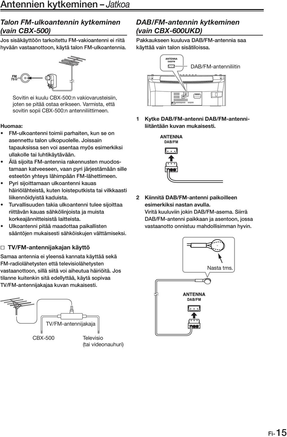 DAB/FM-antenniliitin Sovitin ei kuulu CBX-500:n vakiovarusteisiin, joten se pitää ostaa erikseen. Varmista, että sovitin sopii CBX-500:n antenniliittimeen.