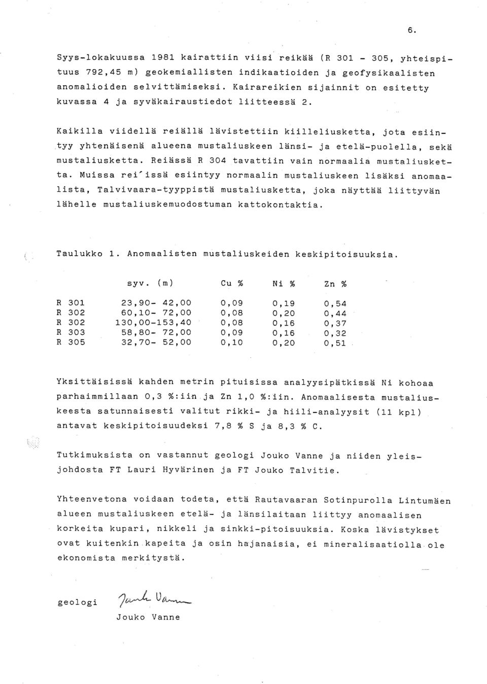 Kaikilla viidellä reiällä lävistettiin kiilleliusketta, jota esiintyy yhtenäisenä alueena ustaliuskeen länsi- ja etelä-puolella, sekä ustaliusketta. Reiässä R 34 tavattiin vain noraalia ustaliusketta.