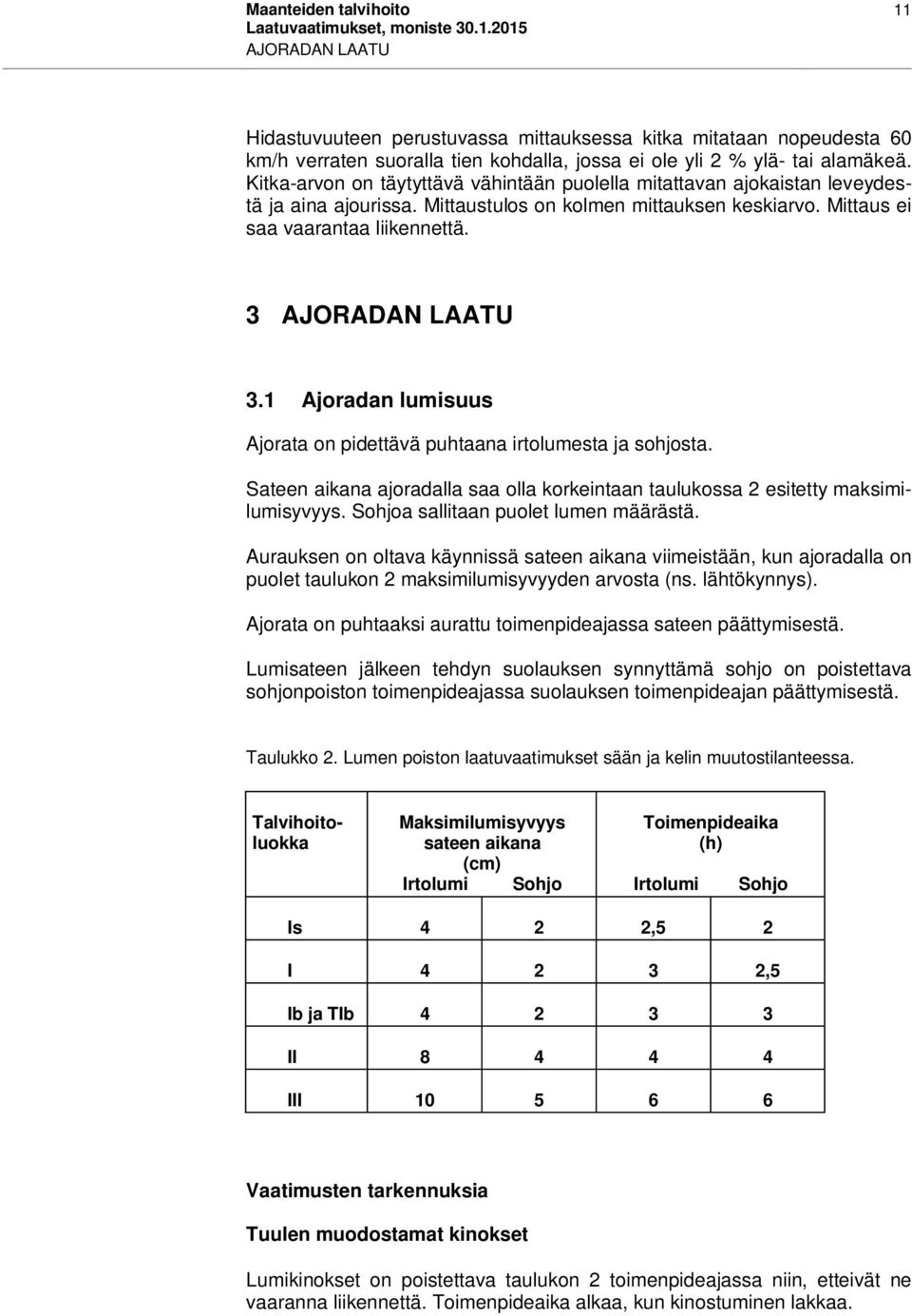 1 Ajoradan lumisuus Ajorata on pidettävä puhtaana irtolumesta ja sohjosta. Sateen aikana ajoradalla saa olla korkeintaan taulukossa 2 esitetty maksimilumisyvyys.