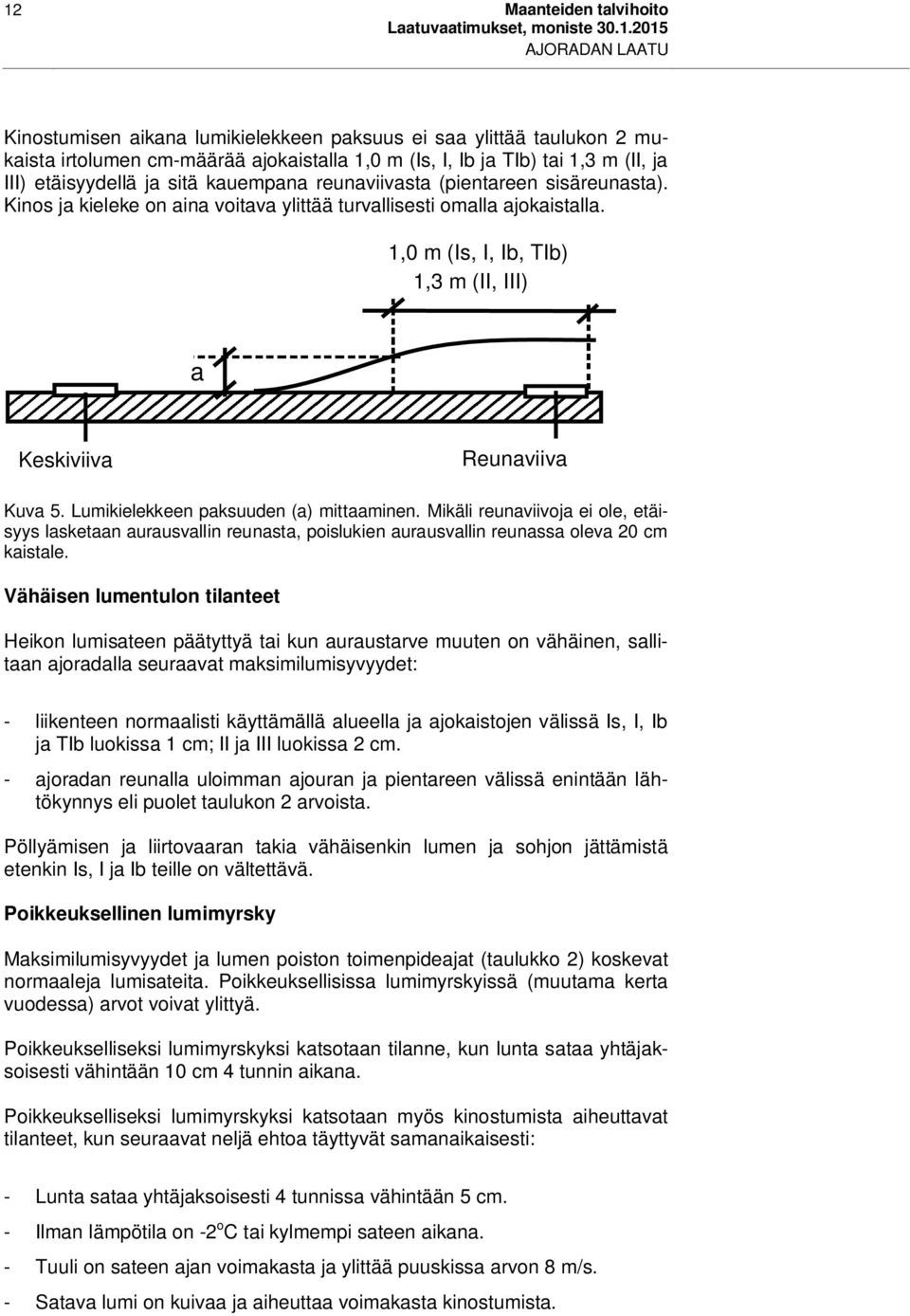 1,0 m (Is, I, Ib, TIb) 1,3 m (II, III) a Keskiviiva Reunaviiva Kuva 5. Lumikielekkeen paksuuden (a) mittaaminen.