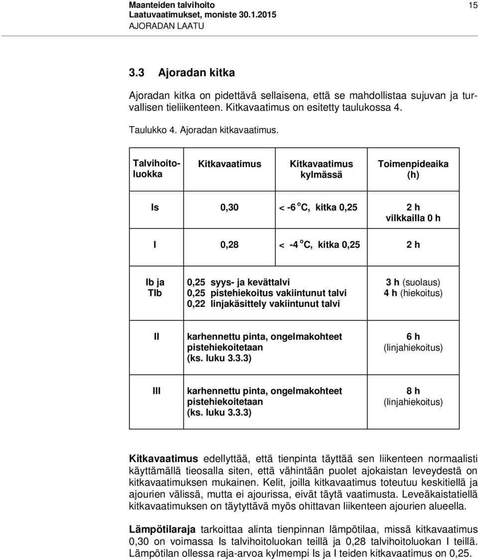 Talvihoitoluokka Kitkavaatimus Kitkavaatimus kylmässä Toimenpideaika (h) Is 0,30 < -6 o C, kitka 0,25 2 h vilkkailla 0 h I 0,28 < -4 o C, kitka 0,25 2 h Ib ja TIb 0,25 syys- ja kevättalvi 0,25