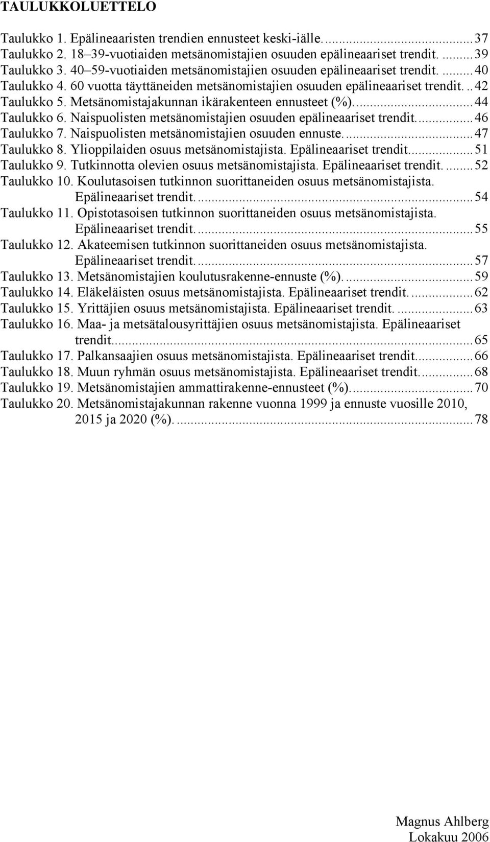 Metsänomistajakunnan ikärakenteen ennusteet (%)...44 Taulukko 6. Naispuolisten metsänomistajien osuuden epälineaariset trendit...46 Taulukko 7. Naispuolisten metsänomistajien osuuden ennuste.