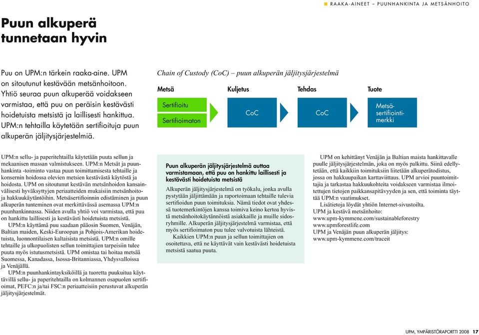 UPM:n tehtailla käytetään sertifioituja puun alkuperän jäljitysjärjestelmiä.