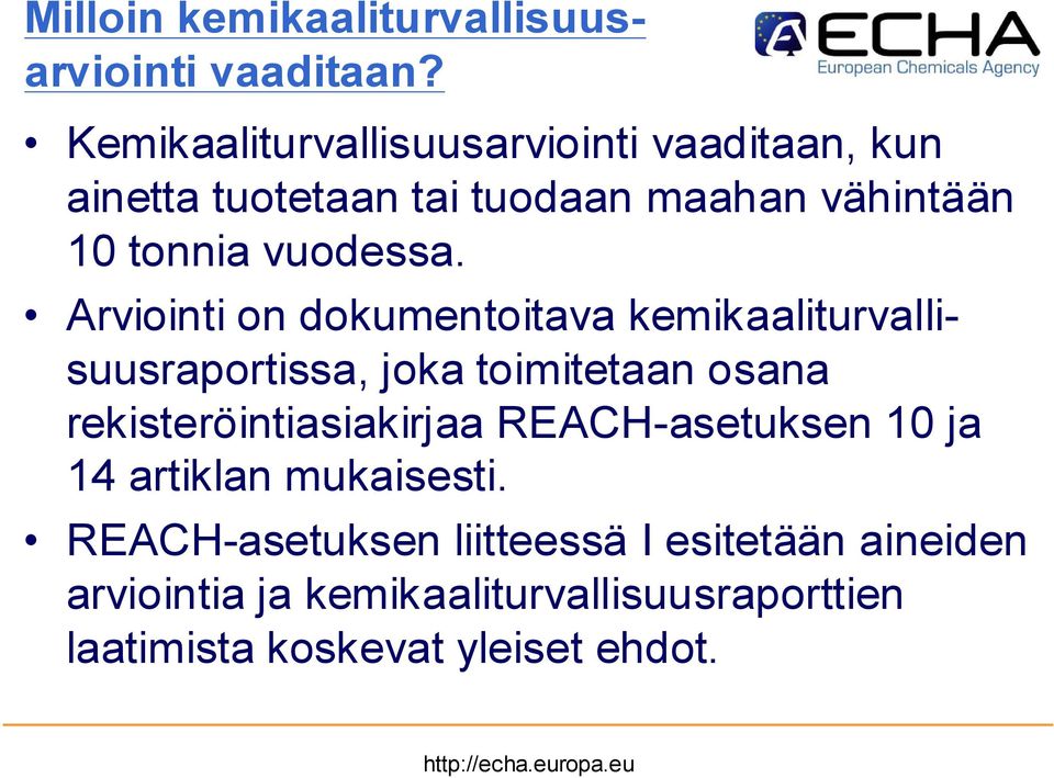 Arviointi on dokumentoitava kemikaaliturvallisuusraportissa, joka toimitetaan osana rekisteröintiasiakirjaa