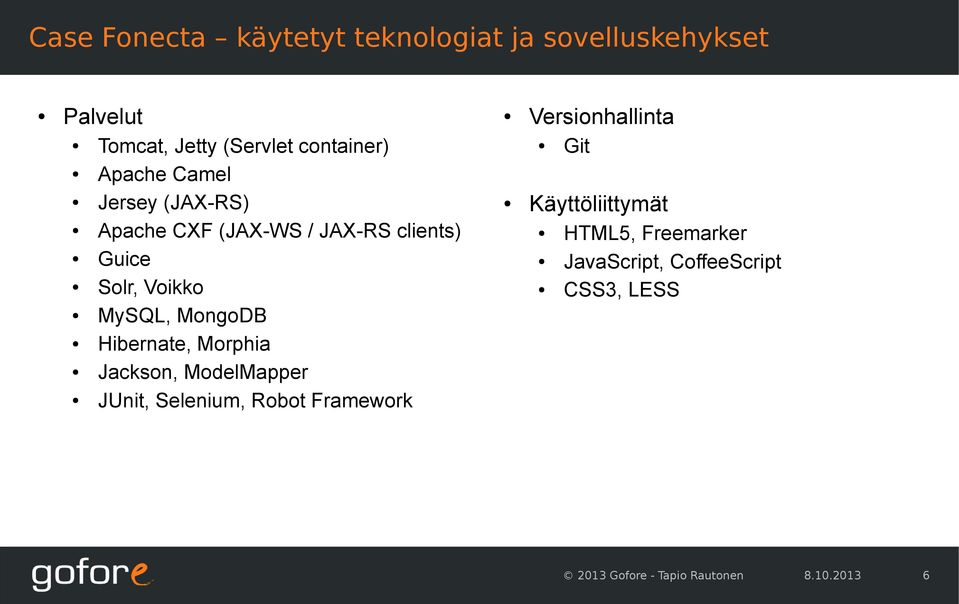 Hibernate, Morphia Jackson, ModelMapper JUnit, Selenium, Robot Framework Versionhallinta Git