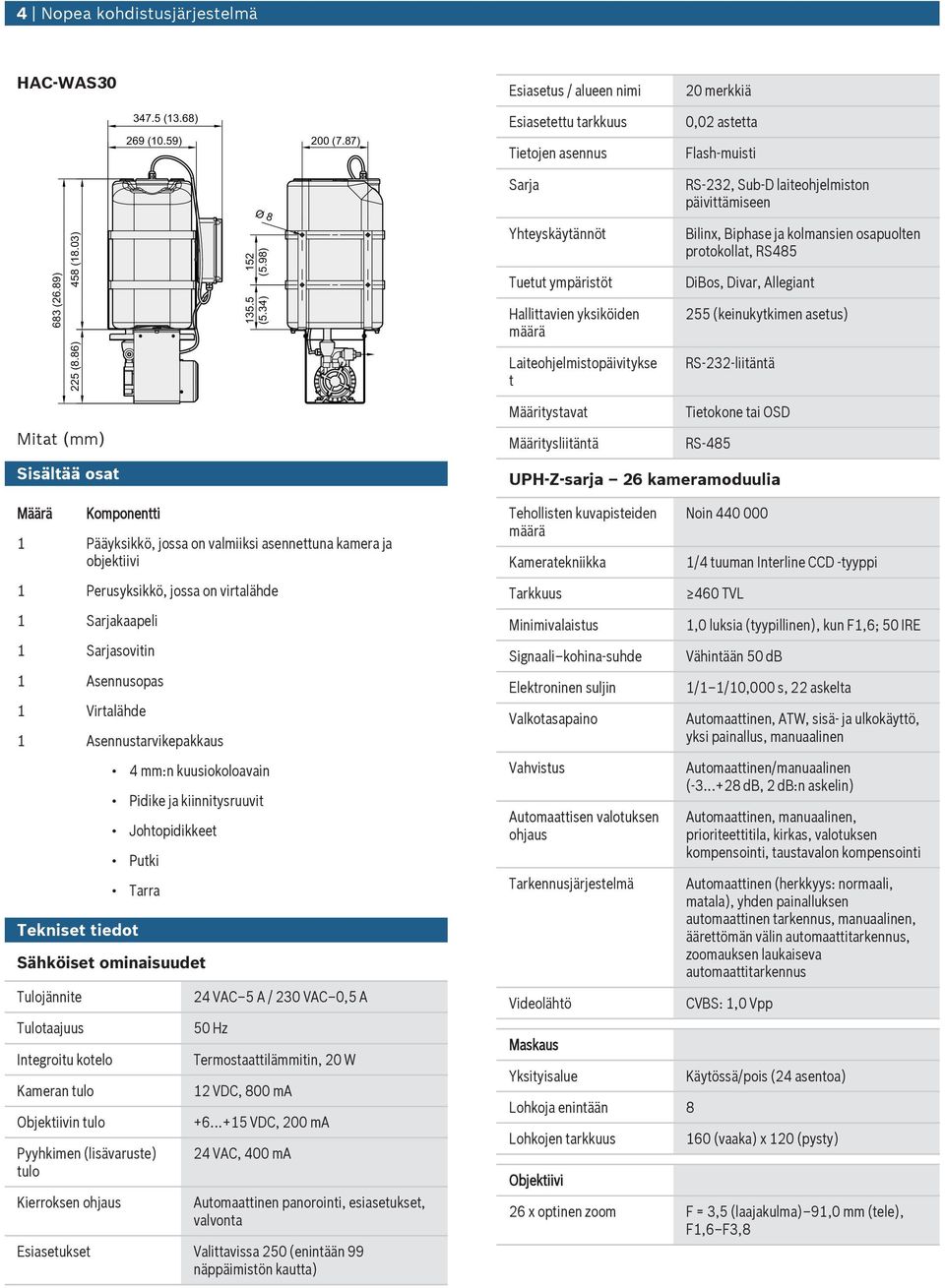 34) Sarja Yhteyskäytännöt Tett ympäristöt Hallittavien yksiköiden RS-232, Sb-D laiteohjelmiston päivittämiseen Bilinx, Biphase ja kolmansien osapolten protokollat, RS485 DiBos, Divar, Allegiant 255