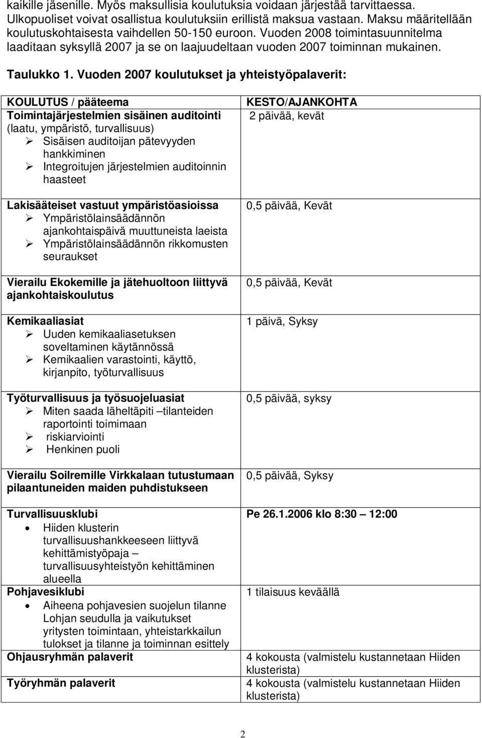 Vuoden 2007 koulutukset ja yhteistyöpalaverit: KOULUTUS / pääteema Toimintajärjestelmien sisäinen auditointi (laatu, ympäristö, turvallisuus) Sisäisen auditoijan pätevyyden hankkiminen Integroitujen