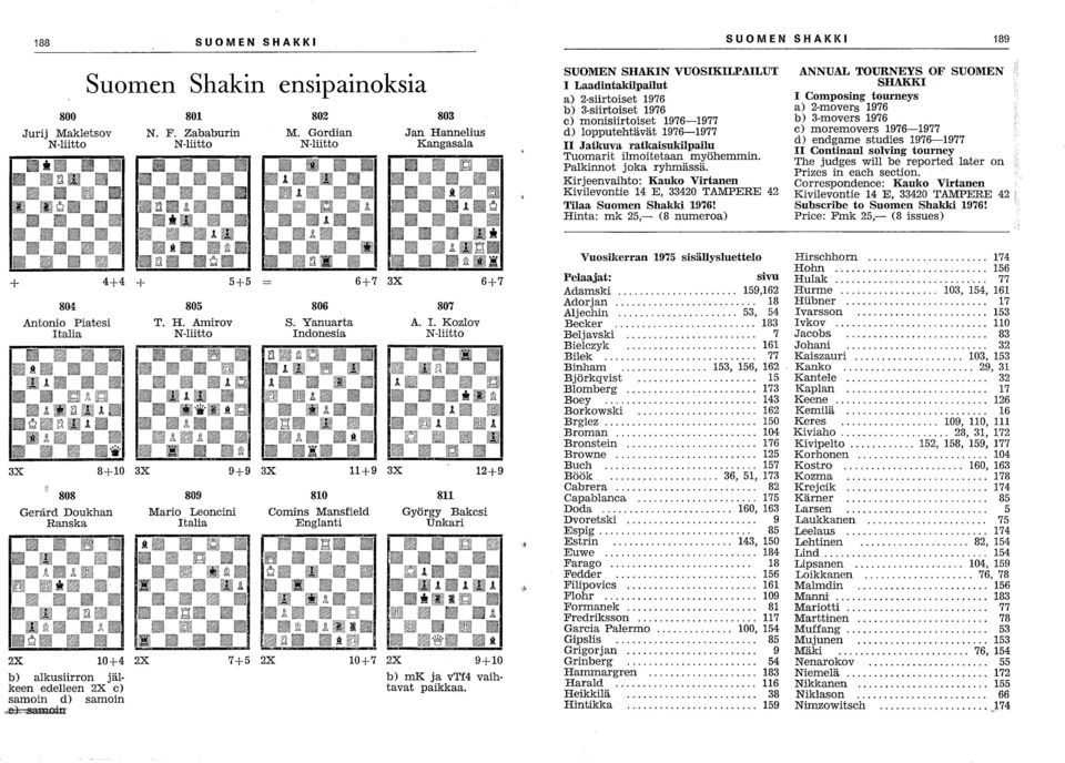 Jatkuva ratkaisukilpailu Tuomarit ilmoitetaan myöhemmin. Palkinnot joka ryhmässä. Kirjeenvaihto: Kauko Virtanen Kivilevontie 14 E, 33420 TAMPERE 42 Tilaa Suomen Shakki 1976!