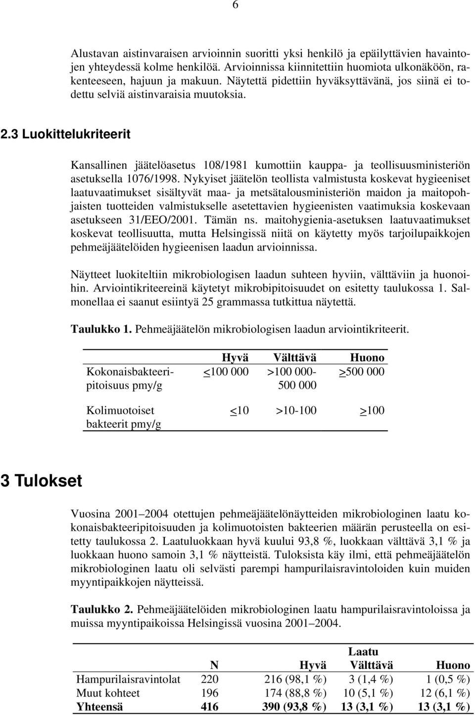 3 Luokittelukriteerit Kansallinen jäätelöasetus 108/1981 kumottiin kauppa- ja teollisuusministeriön asetuksella 1076/1998.