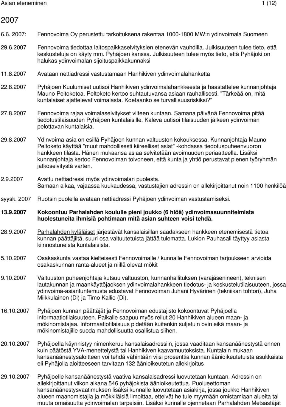 2007 Avataan nettiadressi vastustamaan Hanhikiven ydinvoimalahanketta 22.8.2007 Pyhäjoen Kuulumiset uutisoi Hanhikiven ydinvoimalahankkeesta ja haastattelee kunnanjohtaja Mauno Peltoketoa.