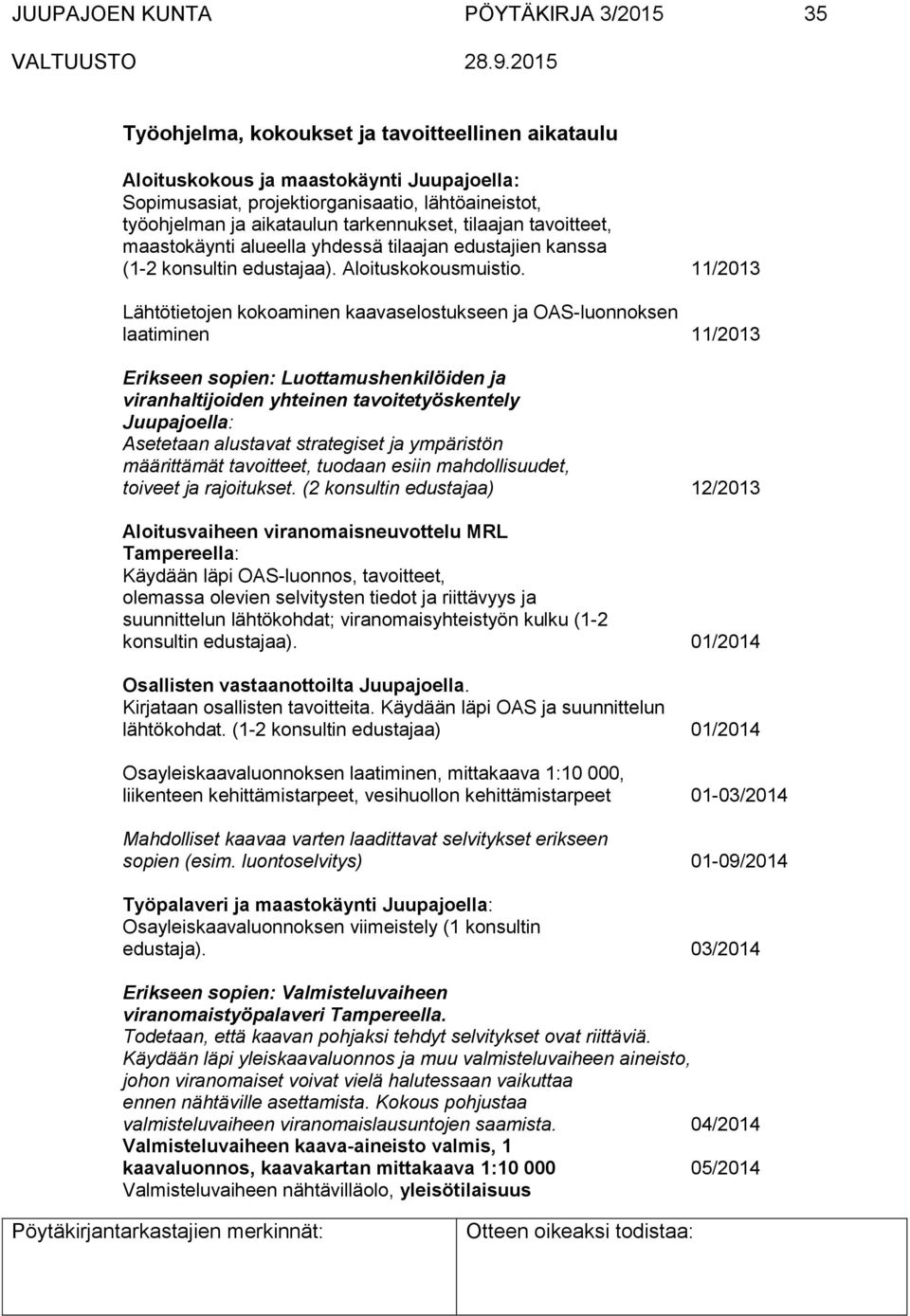 11/2013 Lähtötietojen kokoaminen kaavaselostukseen ja OAS-luonnoksen laatiminen 11/2013 Erikseen sopien: Luottamushenkilöiden ja viranhaltijoiden yhteinen tavoitetyöskentely Juupajoella: Asetetaan