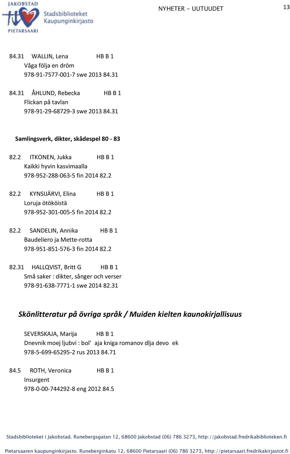 2 KYNSIJÄRVI, Elina HB B 1 Loruja ötököistä 978-952-301-005-5 fin 2014 82.2 82.2 SANDELIN, Annika HB B 1 Baudeliero ja Mette-rotta 978-951-851-576-3 fin 2014 82.2 82.31 HALLQVIST, Britt G HB B 1 Små saker : dikter, sånger och verser 978-91-638-7771-1 swe 2014 82.