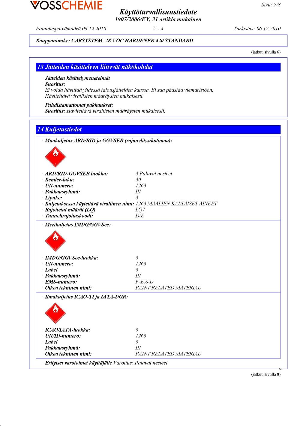 14 Kuljetustiedot Maakuljetus ARD/RID ja GGVSEB (rajanylitys/kotimaa): ARD/RID-GGVSEB luokka: 3 Palavat nesteet Kemler-luku: 30 UN-numero: 1263 Pakkausryhmä: III Lipuke: 3 Kuljetuksessa käytettävä