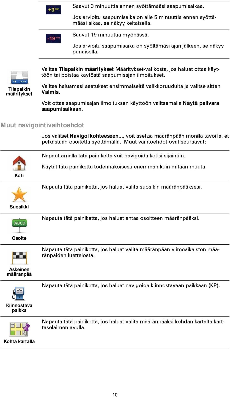 Valitse Tilapalkin määritykset Määritykset-valikosta, jos haluat ottaa käyttöön tai poistaa käytöstä saapumisajan ilmoitukset.