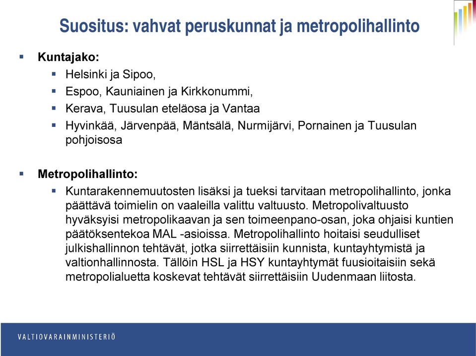 valtuusto. Metropolivaltuusto hyväksyisi metropolikaavan ja sen toimeenpano-osan, joka ohjaisi kuntien päätöksentekoa MAL -asioissa.