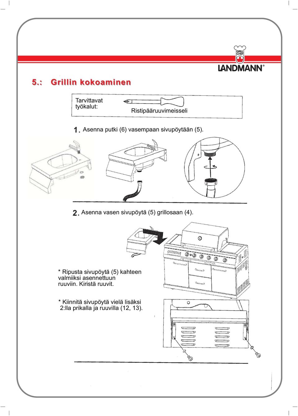 Asenna vasen sivupöytä (5) grillosaan (4).