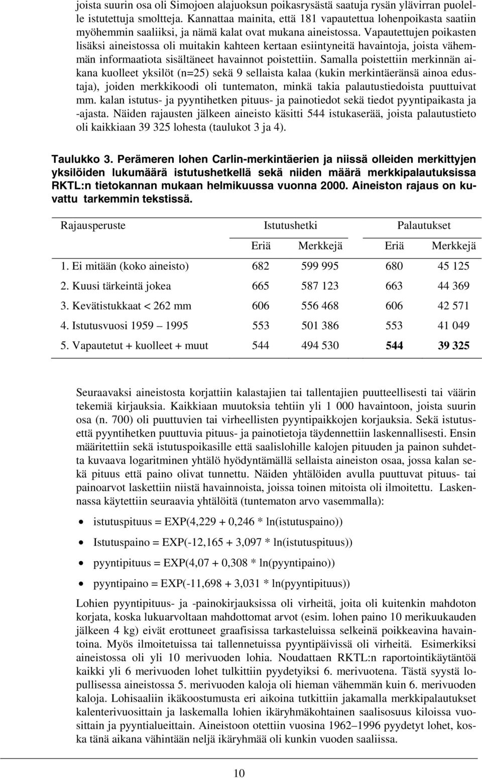 Vapautettujen poikasten lisäksi aineistossa oli muitakin kahteen kertaan esiintyneitä havaintoja, joista vähemmän informaatiota sisältäneet havainnot poistettiin.