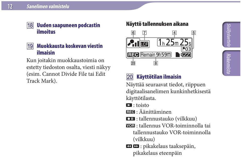 Näyttö tallennuksen aikana Käyttötilan ilmaisin Näyttää seuraavat tiedot, riippuen digitaalisanelimen kunkinhetkisestä