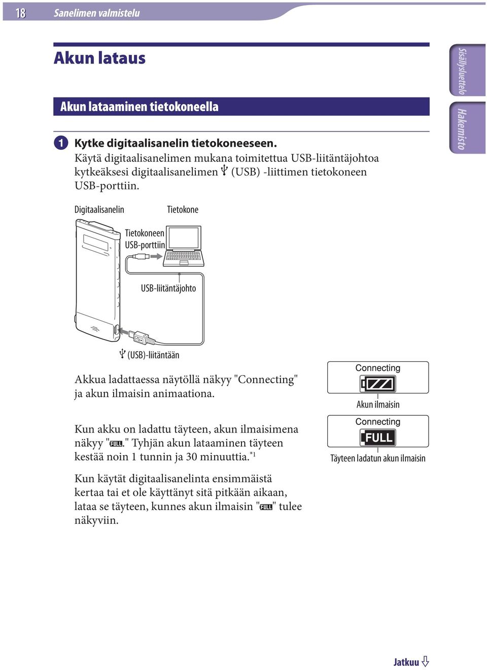 Digitaalisanelin Tietokone Tietokoneen USB-porttiin USB-liitäntäjohto (USB)-liitäntään Akkua ladattaessa näytöllä näkyy "Connecting" ja akun ilmaisin animaationa.