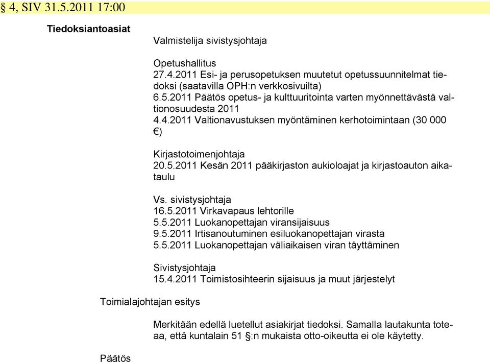 sivistysjohtaja 16.5.2011 Virkavapaus lehtorille 5.5.2011 Luokanopettajan viransijaisuus 9.5.2011 Irtisanoutuminen esiluokanopettajan virasta 5.5.2011 Luokanopettajan väliaikaisen viran täyttäminen Sivistysjohtaja 15.