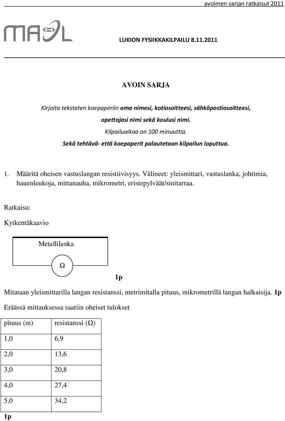 Välineet: yleismittari, vastuslanka, johtimia, hauenleukoja, mittanauha, mikrometri, eristepylväät/sinitarraa.