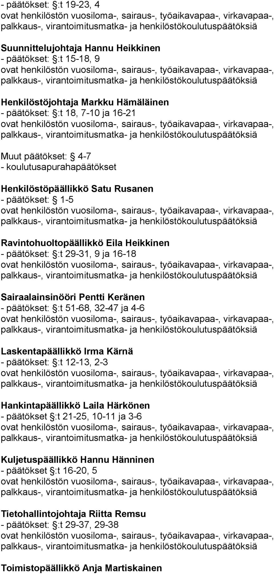 51-68, 32-47 ja 4-6 Laskentapäällikkö Irma Kärnä - päätökset: :t 12-13, 2-3 Hankintapäällikkö Laila Härkönen - päätökset :t 21-25, 10-11 ja 3-6 palkkaus-, virantoi mitus matka- ja