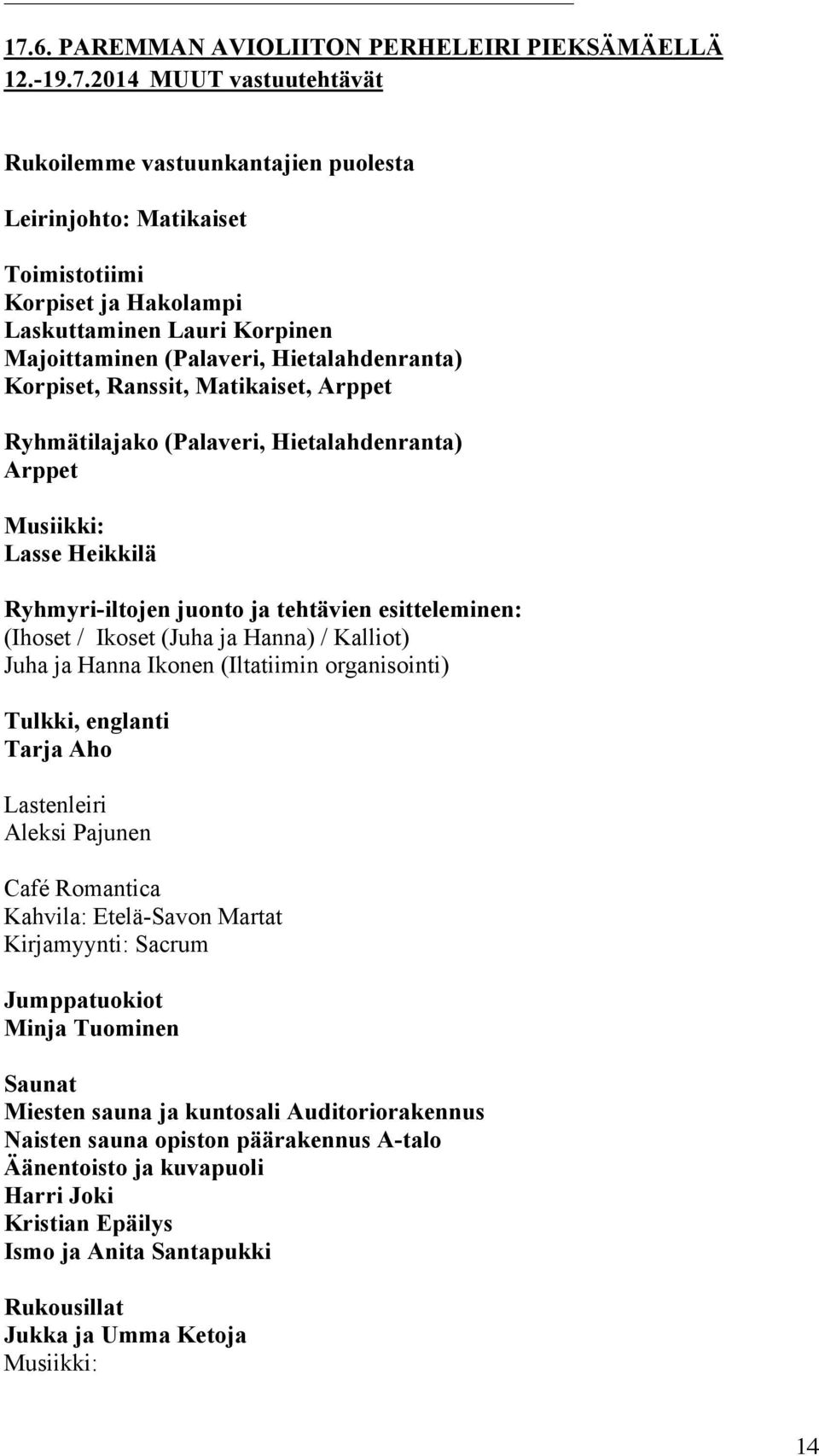 tehtävien esitteleminen: (Ihoset / Ikoset (Juha ja Hanna) / Kalliot) Juha ja Hanna Ikonen (Iltatiimin organisointi) Tulkki, englanti Tarja Aho Lastenleiri Aleksi Pajunen Café Romantica Kahvila: