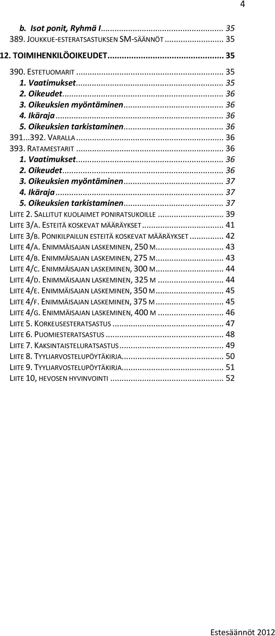 Oikeuksien tarkistaminen... 37 LIITE 2. SALLITUT KUOLAIMET PONIRATSUKOILLE... 39 LIITE 3/A. ESTEITÄ KOSKEVAT MÄÄRÄYKSET... 41 LIITE 3/B. PONIKILPAILUN ESTEITÄ KOSKEVAT MÄÄRÄYKSET... 42 LIITE 4/A.