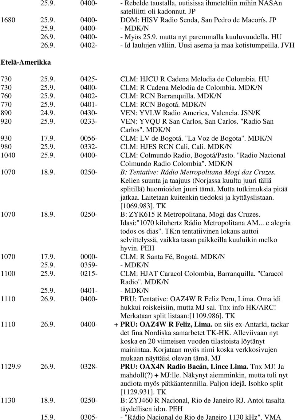 MDK/N 760 25.9. 0402- CLM: RCN Barranquilla. MDK/N 770 25.9. 0401- CLM: RCN Bogotá. MDK/N 890 24.9. 0430- VEN: YVLW Radio America, Valencia. JSN/K 920 25.9. 0233- VEN: YVQU R San Carlos, San Carlos.