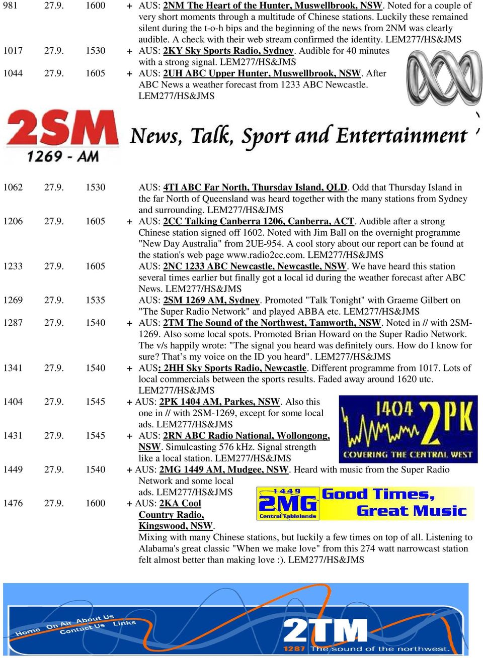 1530 + AUS: 2KY Sky Sports Radio, Sydney. Audible for 40 minutes with a strong signal. 1044 27.9. 1605 + AUS: 2UH ABC Upper Hunter, Muswellbrook, NSW.