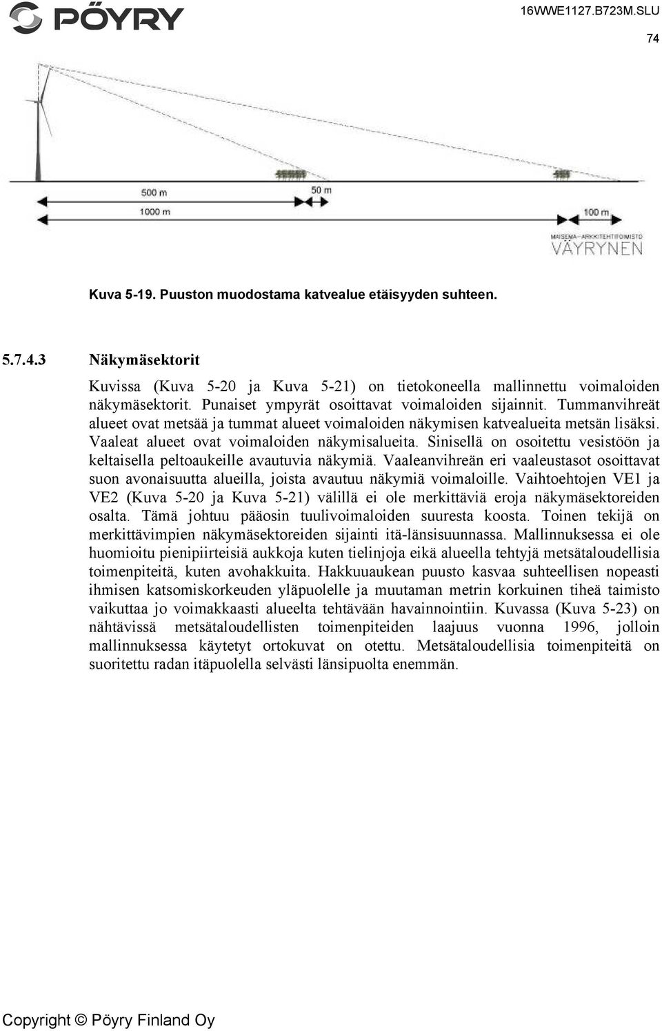 Sinisellä on osoitettu vesistöön ja keltaisella peltoaukeille avautuvia näkymiä. Vaaleanvihreän eri vaaleustasot osoittavat suon avonaisuutta alueilla, joista avautuu näkymiä voimaloille.