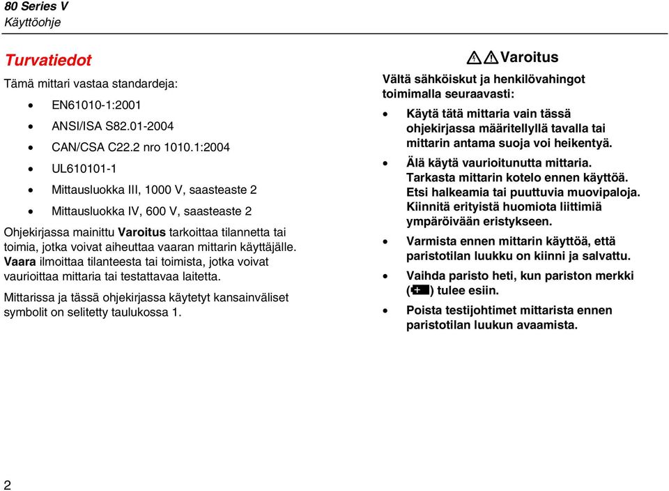 käyttäjälle. Vaara ilmoittaa tilanteesta tai toimista, jotka voivat vaurioittaa mittaria tai testattavaa laitetta.