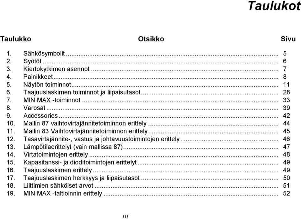 Mallin 83 Vaihtovirtajännitetoiminnon erittely... 45 12. Tasavirtajännite-, vastus ja johtavuustoimintojen erittely... 46 13. Lämpötilaerittelyt (vain mallissa 87)... 47 14.