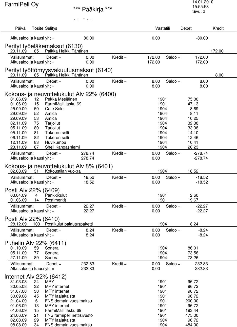 00 Alkusaldo ja kausi yht = 0.00 8.00 8.00 Kokous- ja neuvottelukulut Alv 22% (6400) 01.06.09 12 Pekka Mesiäinen 1901 75.00 01.06.09 15 FarmiMalli lasku 69 1901 47.13 25.09.09 50 Cafe Sole 1904 8.